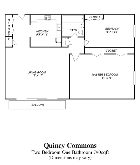 the floor plan of the quincy commons two bedroom one bathroom